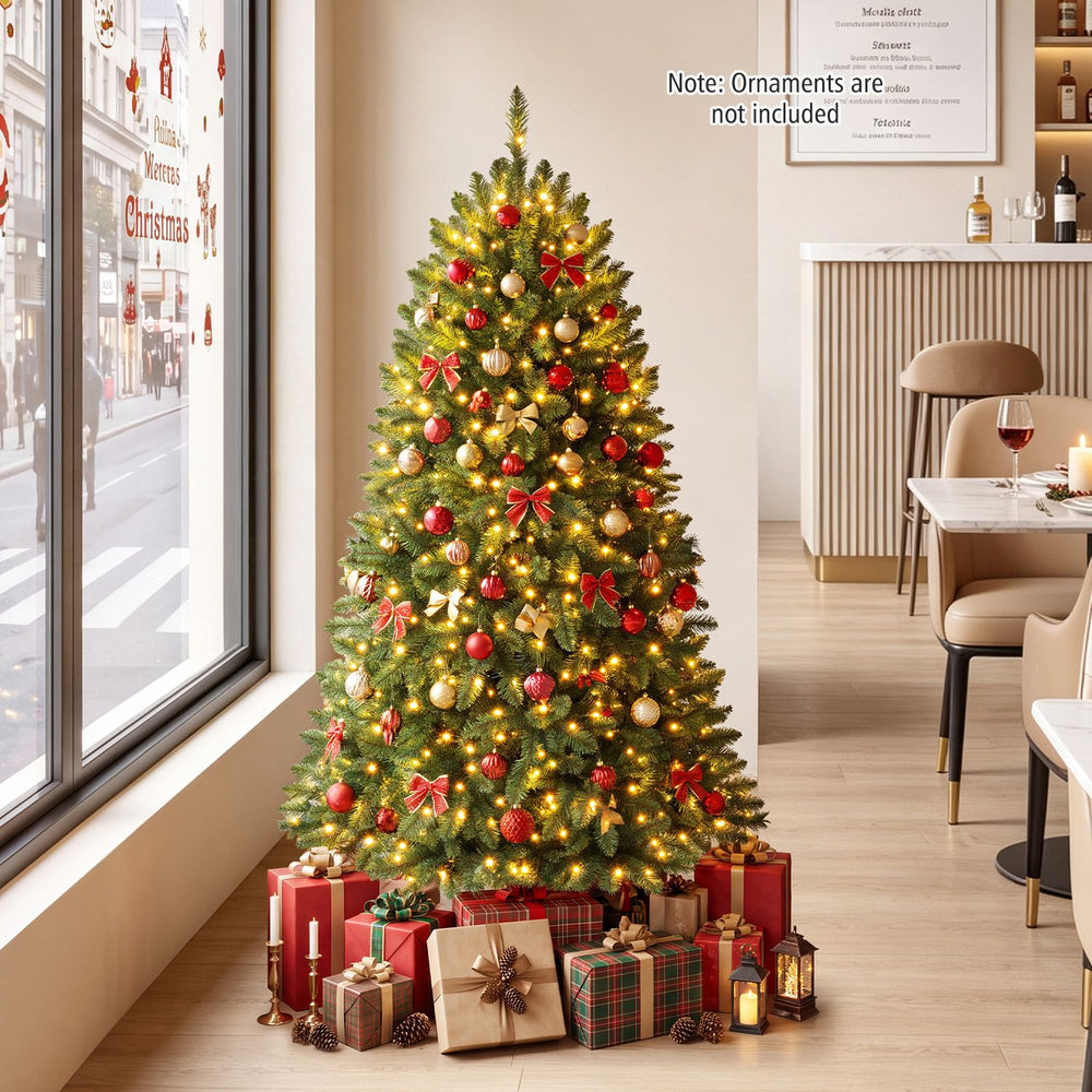Premium 5 ft hinged artificial fir Christmas tree with LED lights, featuring a full appearance and ideal for holiday decorations.