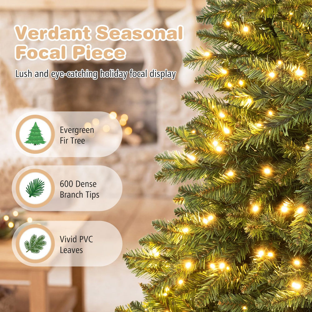 Premium 5 ft hinged artificial fir Christmas tree with LED lights, featuring 600 dense branch tips for ample decoration space.