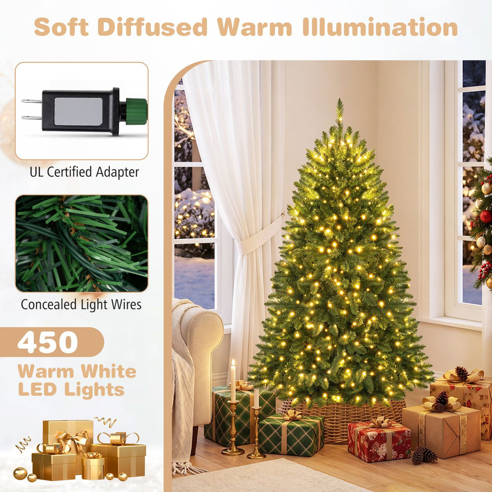 Premium 5 ft hinged artificial fir Christmas tree with 450 warm white LED lights, perfect for festive home decoration.