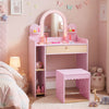 Pink pretend makeup dressing table set with shatter-proof mirror, storage drawer, and 3-in-1 matching stool for kids.