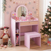 Pink pretend makeup dressing table set with shatter-proof mirror, storage compartments, and 3-in-1 matching stool for kids.