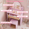 Pink pretend makeup dressing table set featuring 2 small shelves, compartments, and a spacious tabletop for kids' fun.
