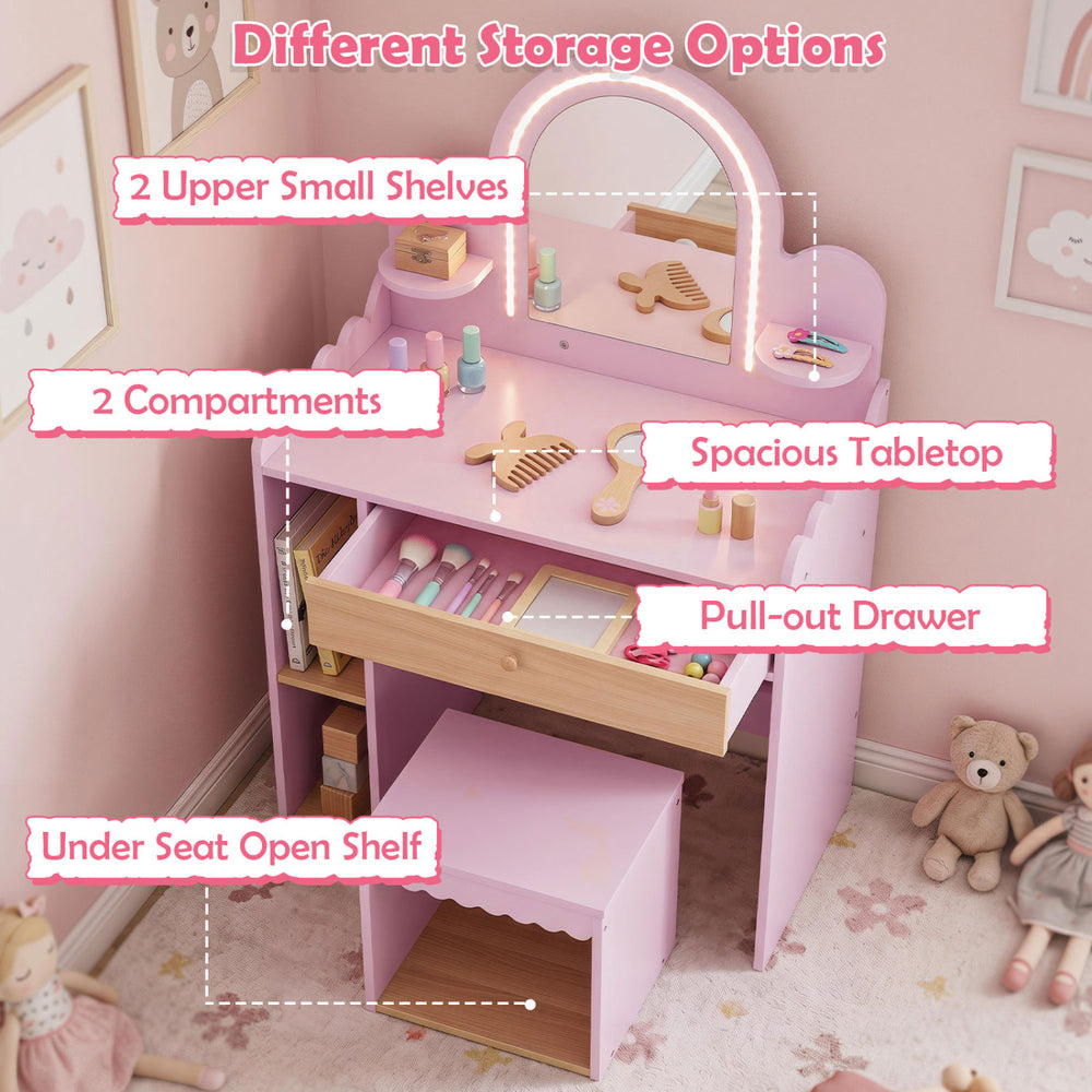 Pink pretend makeup dressing table set featuring 2 small shelves, compartments, and a spacious tabletop for kids' fun.