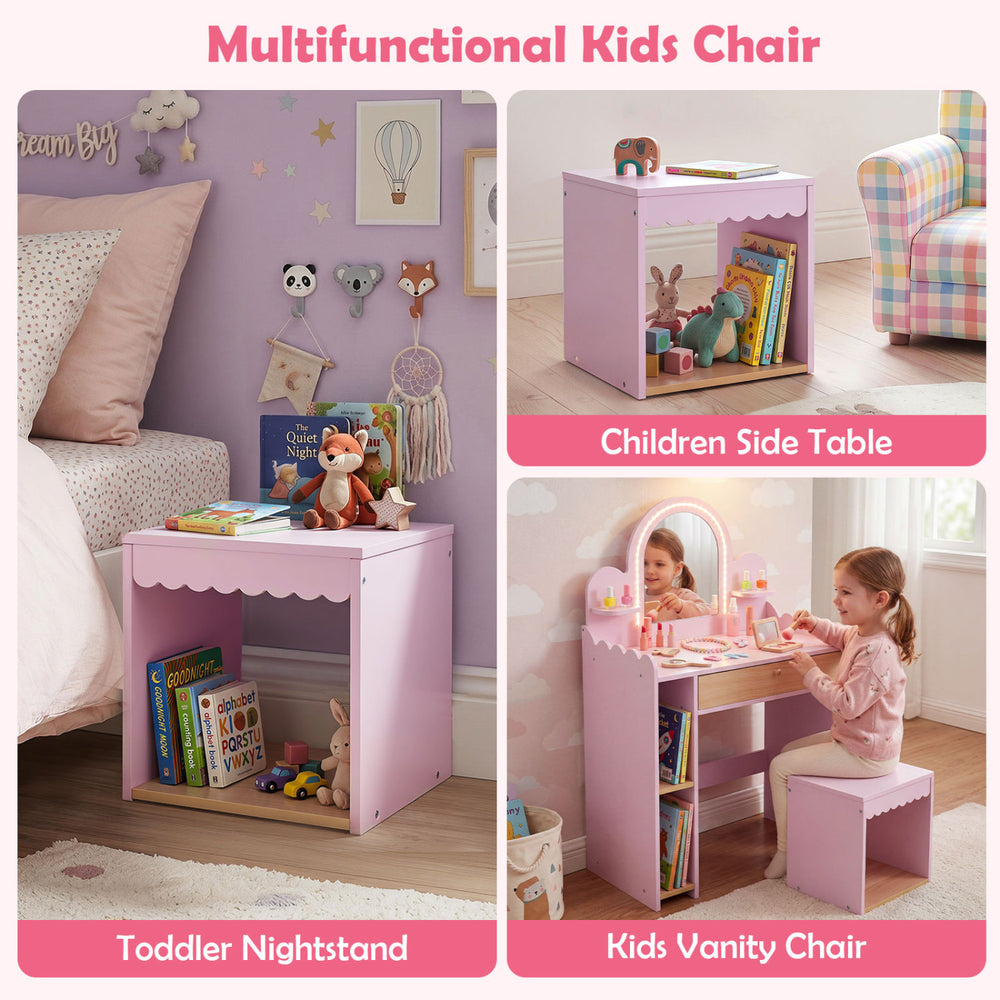 Multifunctional pink kids chair with storage, shatter-proof mirror, and three lighting modes for vanity or nightstand use.