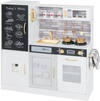 Pretend play kitchen in white with utensils, featuring a sink, stove, and dishwasher for imaginative cooking fun.