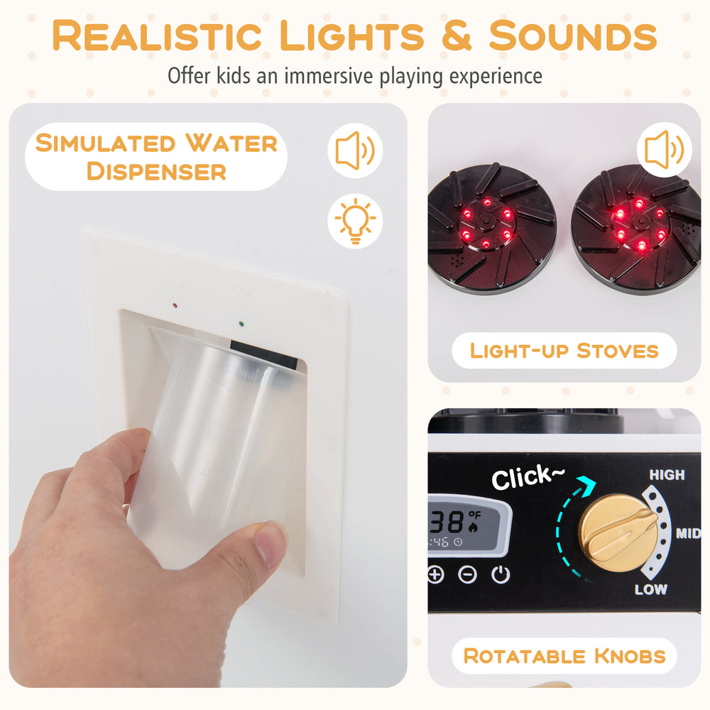 Simulated water dispenser and light-up stove knobs on the Pretend Play Kitchen for kids aged 3+, enhancing imaginative.