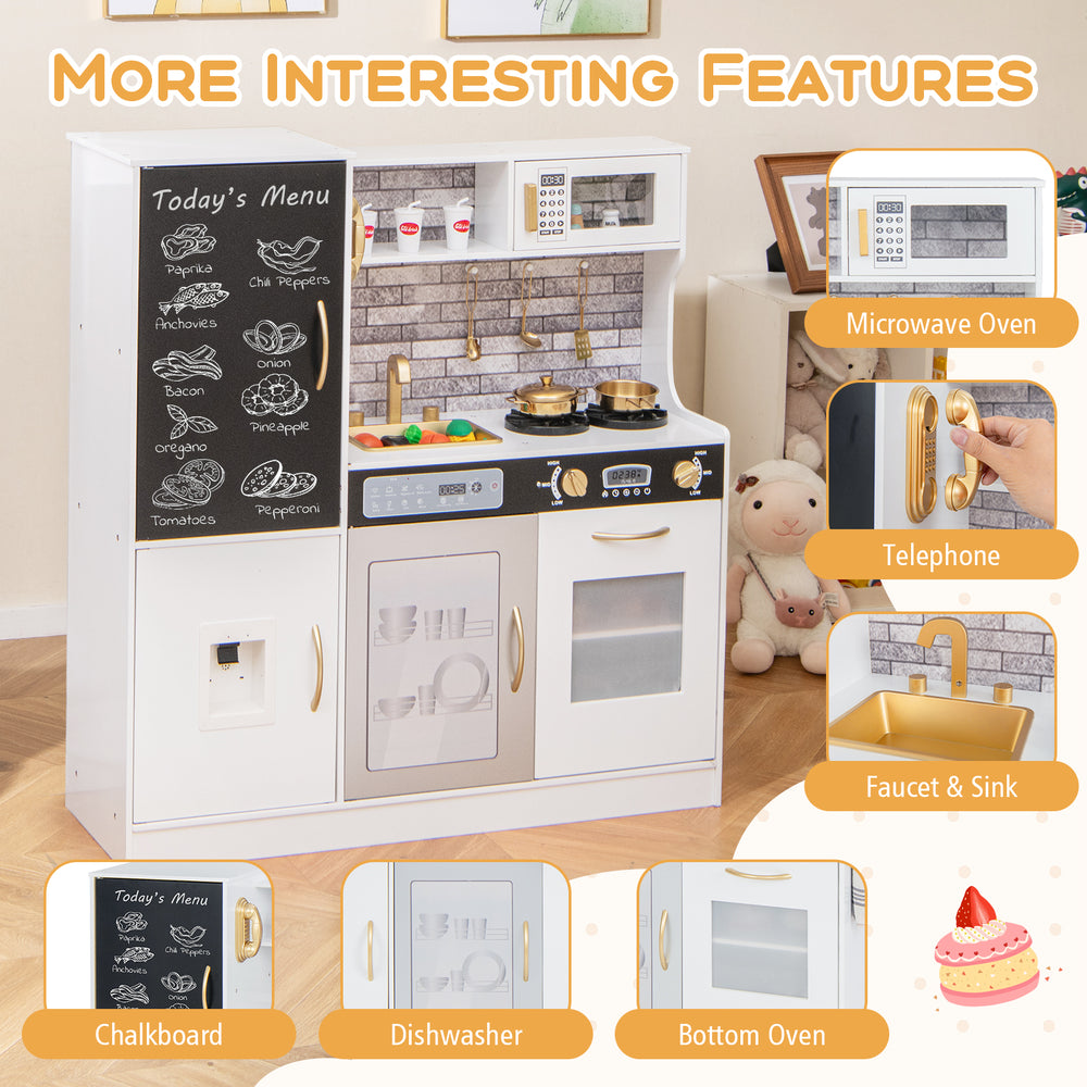 Pretend play kitchen in white featuring a microwave, sink, and dishwasher, designed for kids aged 3+, sparks creativity.