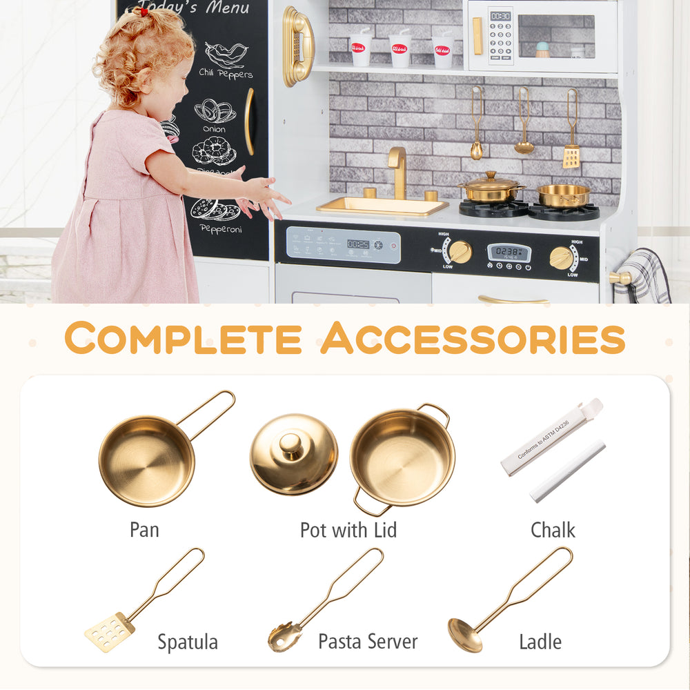 Pretend play kitchen accessories including a pan, pot with lid, spatula, pasta server, and ladle for imaginative.