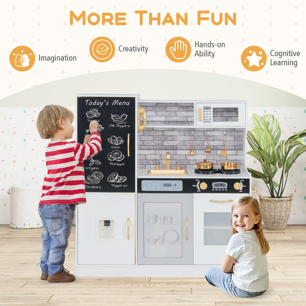 Pretend play kitchen for kids with utensils, featuring a dishwasher, oven, and realistic cooking sounds for imaginative.