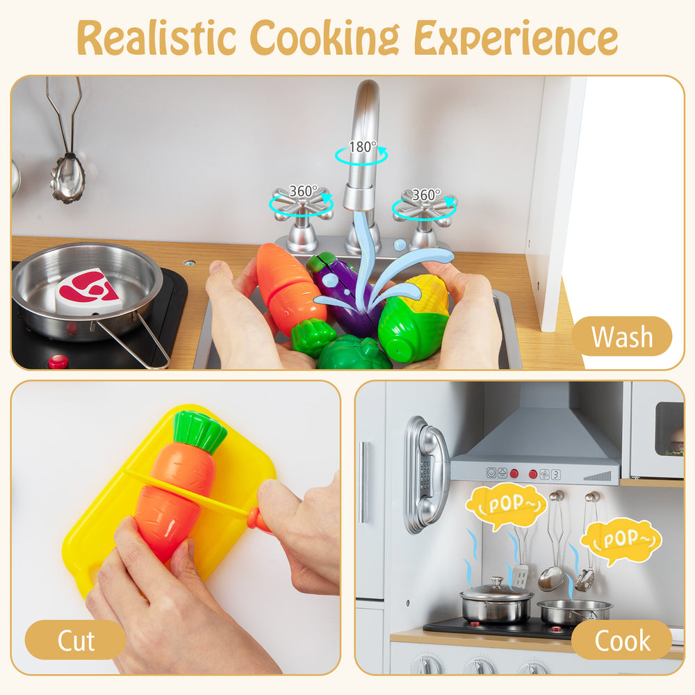 Pretend play kitchen set with adjustable height, rotatable faucet, and realistic cooking accessories for kids aged 3+.