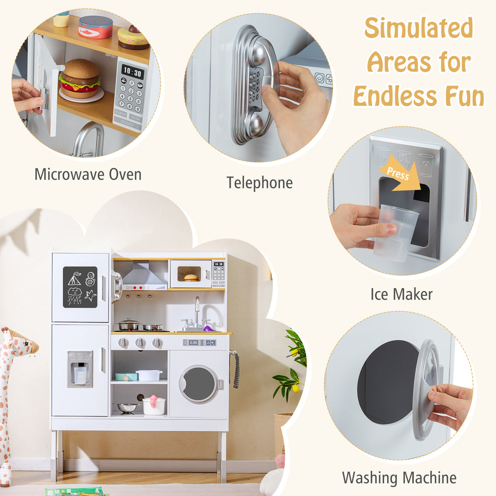 Pretend play kitchen toy set with microwave, ice maker, and telephone, designed for kids aged 3+, featuring adjustable.