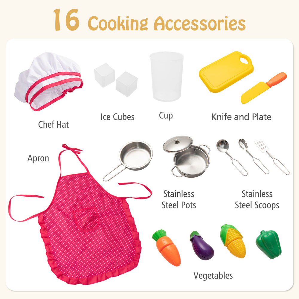 Colorful pretend play cooking accessories including a chef hat, apron, pots, and vegetables for imaginative kitchen fun.