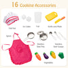 Colorful pretend play cooking accessories including a chef hat, apron, pots, and vegetables for imaginative kitchen fun.