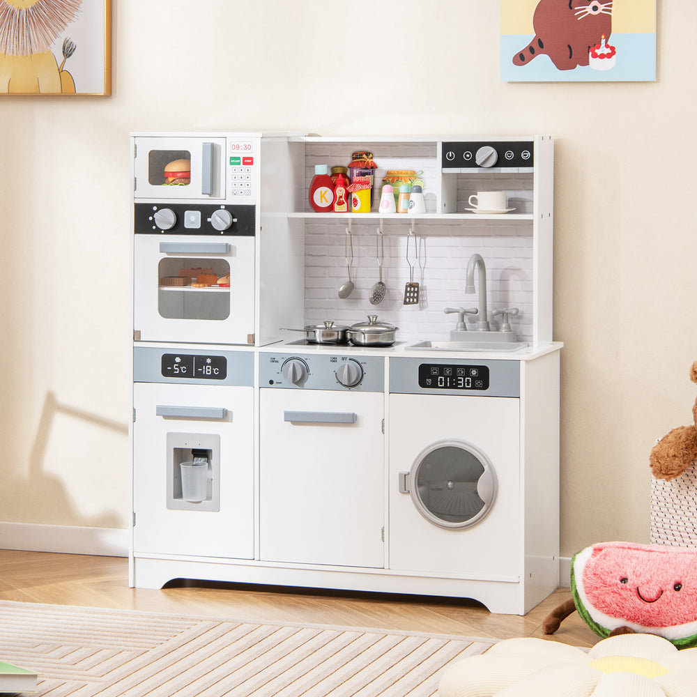 Pretend Play Kitchen Wooden Toy Set Kitchen Accessory Playset with Real Lights Sounds-White - Gallery View 1 of 10