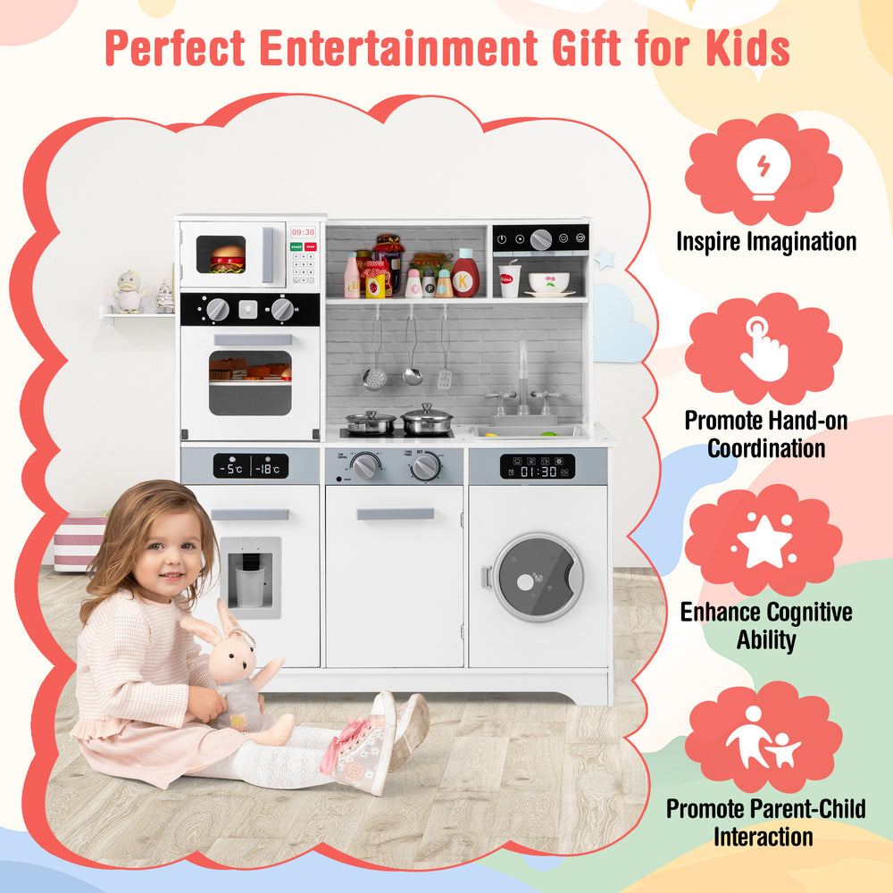 Pretend play kitchen wooden toy set with real lights and sounds, featuring a sink, stove, and washing machine for kids.