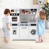 Wooden pretend play kitchen set with real lights and sounds, featuring a sink, stove, and microwave for immersive role.