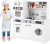 Pretend play kitchen set in white with sink, stove, microwave, and washing machine for immersive role-playing fun.