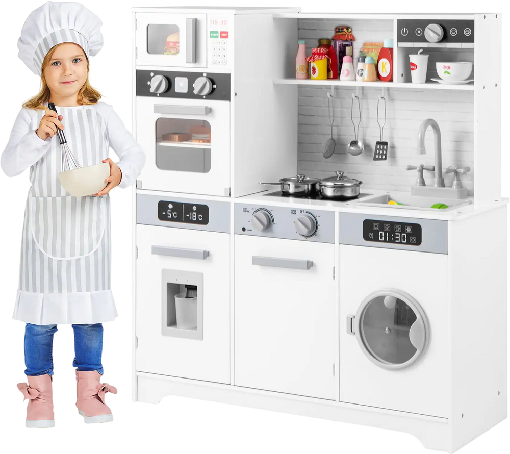 Pretend play kitchen set in white with sink, stove, microwave, and washing machine for immersive role-playing fun.