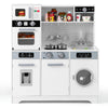 Wooden pretend play kitchen set in white with oven, microwave, sink, and realistic lights and sounds for immersive role.