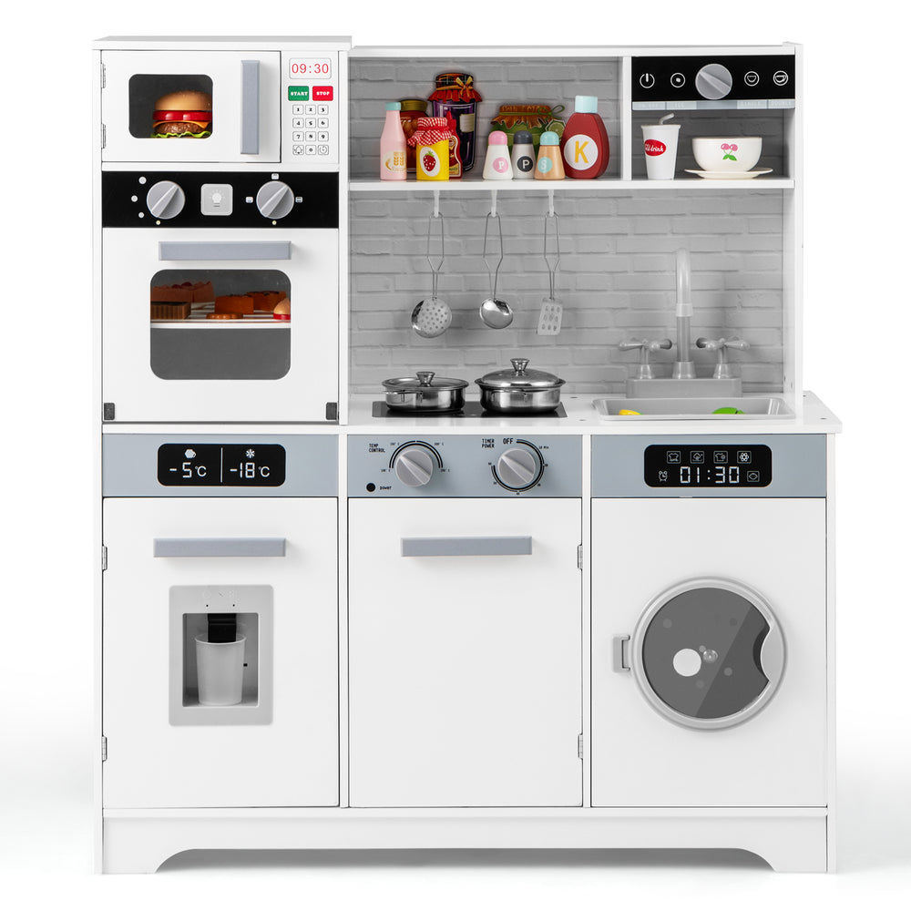 Wooden pretend play kitchen set in white with oven, microwave, sink, and realistic lights and sounds for immersive role.