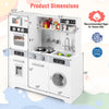Dimensions of the Pretend Play Kitchen Wooden Toy Set, featuring a sink, stove, oven, and washing machine for.