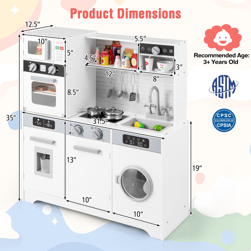 Dimensions of the Pretend Play Kitchen Wooden Toy Set, featuring a sink, stove, oven, and washing machine for.