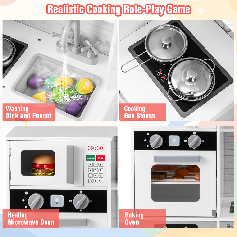 Pretend play kitchen set featuring a washing sink, gas stoves, microwave, and oven for immersive role play.