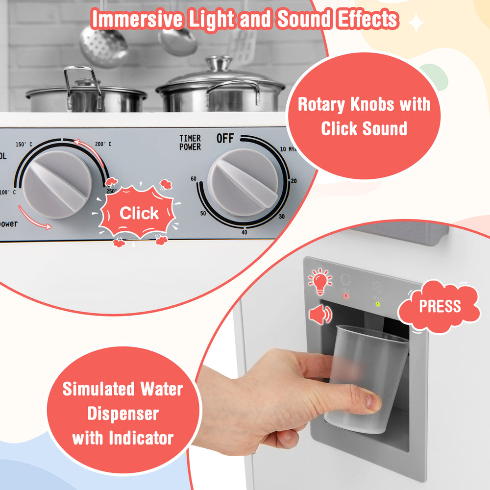 Close-up of the pretend play kitchen's rotary knobs and simulated water dispenser, featuring lights and sounds for.