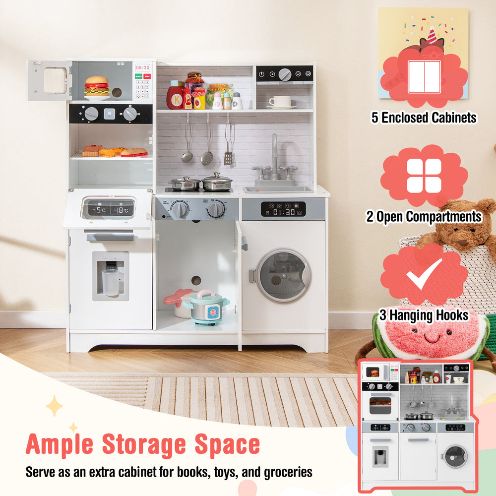 Pretend play kitchen set in white with sink, stove, microwave, and ample storage for toys and accessories.