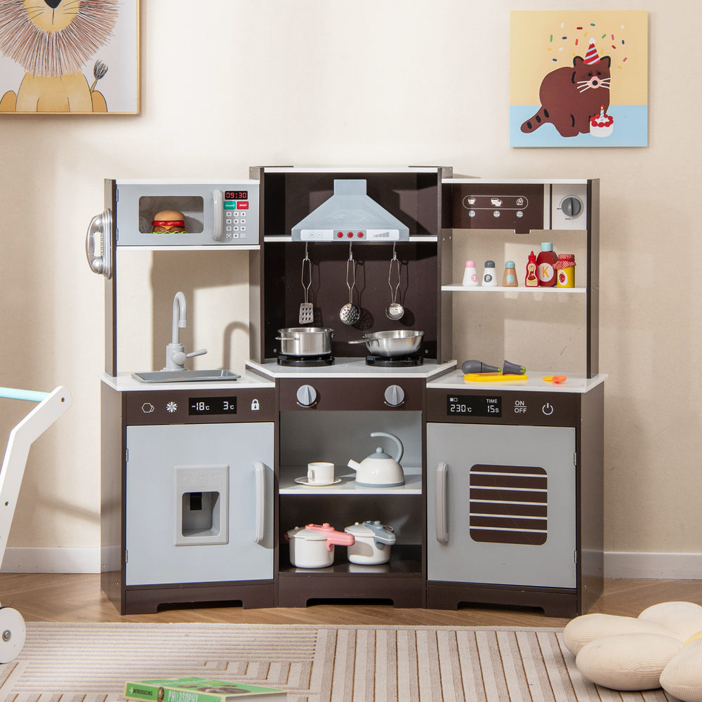 Wooden pretend play kitchen set in brown with realistic sounds, lights, and accessories for immersive cooking fun.