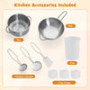 Stainless steel pot and pan with 3 kitchen utensils, cup, and ice cubes for pretend play kitchen set.