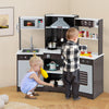 Wooden pretend play kitchen set in brown with realistic sounds and lights, featuring stove, sink, and accessories for.
