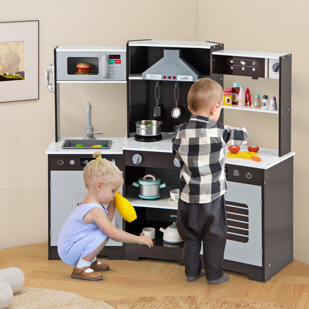 Wooden pretend play kitchen set in brown with realistic sounds and lights, featuring stove, sink, and accessories for.