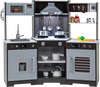 Pretend play kitchen wooden toy set in brown with realistic sounds, lights, and various accessories for immersive play.