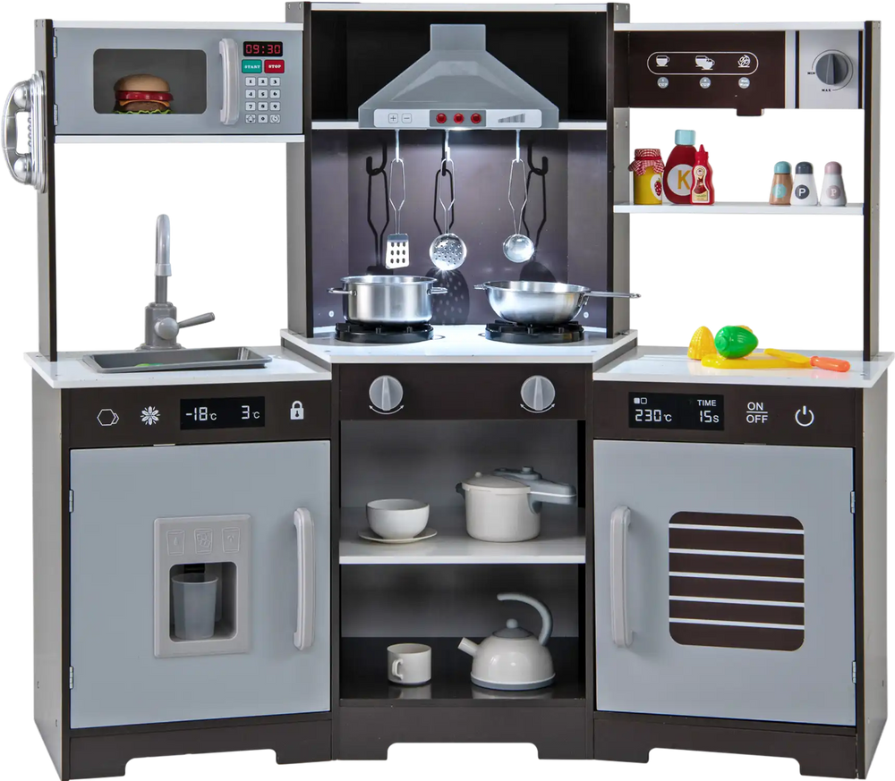 Pretend play kitchen wooden toy set in brown with realistic sounds, lights, and various accessories for immersive play.