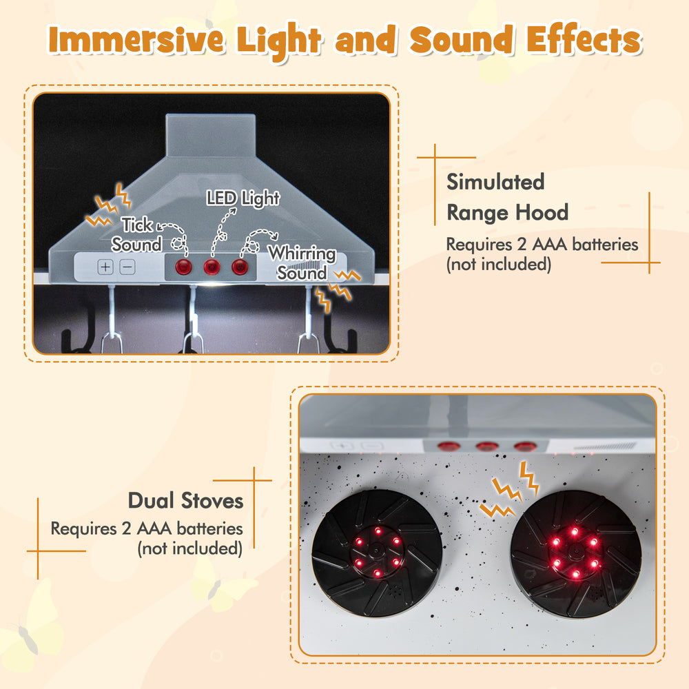 Simulated range hood with LED lights and sounds, part of the Pretend Play Kitchen Wooden Toy Set for immersive play.