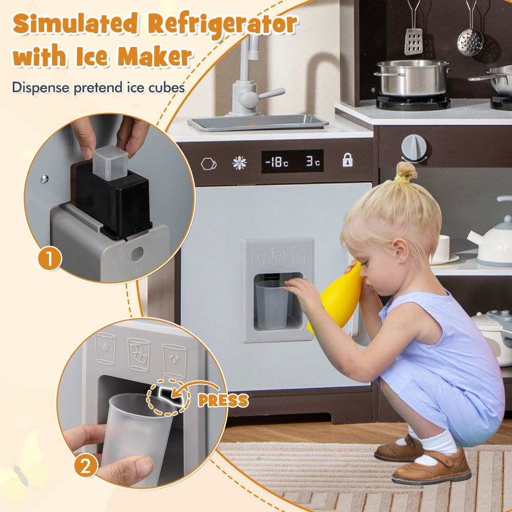Simulated refrigerator with ice maker and pretend ice cubes, part of the wooden toy kitchen set for imaginative play.