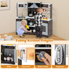 Wooden pretend play kitchen set in brown with range hood, lights, sounds, and various accessories for immersive play.