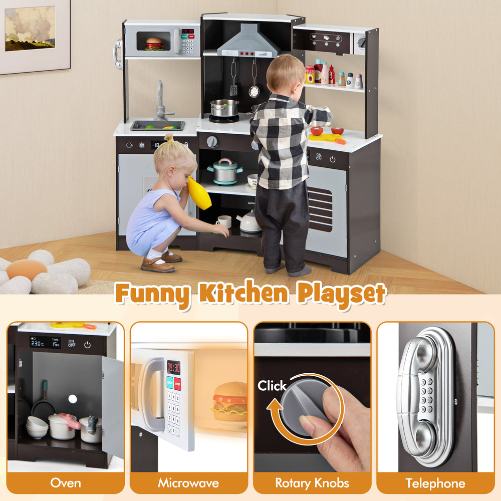 Wooden pretend play kitchen set in brown with range hood, lights, sounds, and various accessories for immersive play.