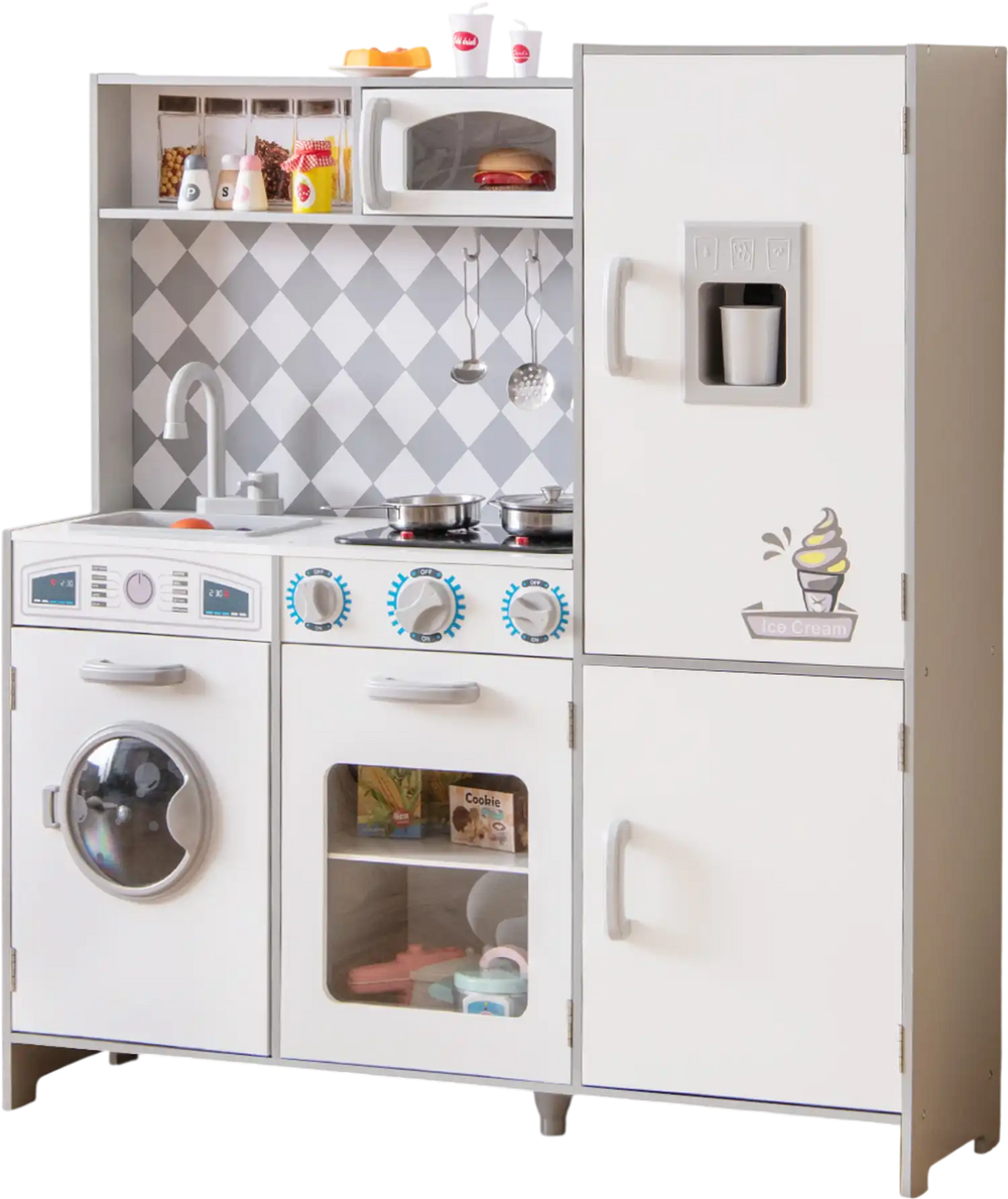 Pretend play kitchen for kids with stove, washing machine, and realistic sounds, perfect for imaginative cooking fun.