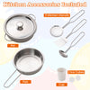 Stainless steel pot and pan with 3 kitchen utensils, cup, and ice cubes for kids' pretend play kitchen set.