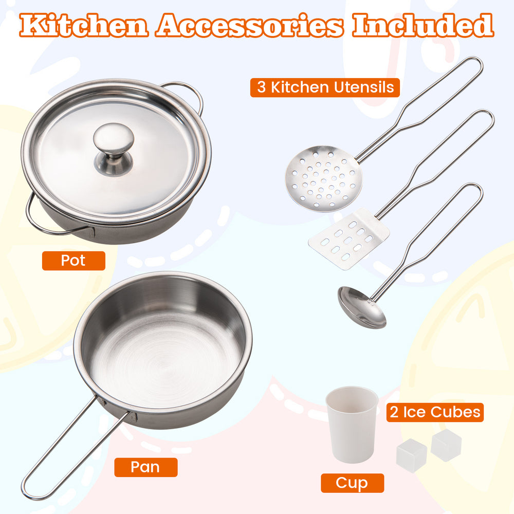 Stainless steel pot and pan with 3 kitchen utensils, cup, and ice cubes for kids' pretend play kitchen set.