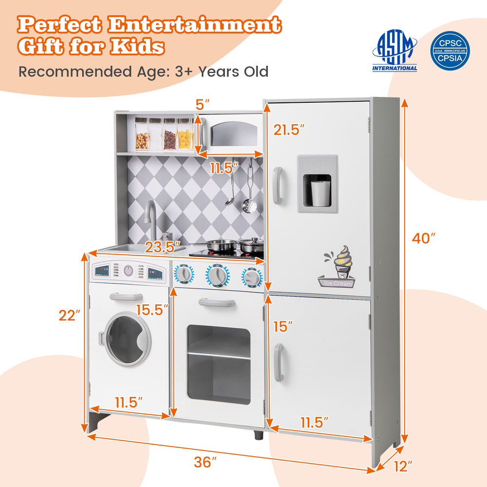 Pretend play kitchen for kids featuring stove, sink, washing machine, and realistic sounds, ideal for imaginative play.
