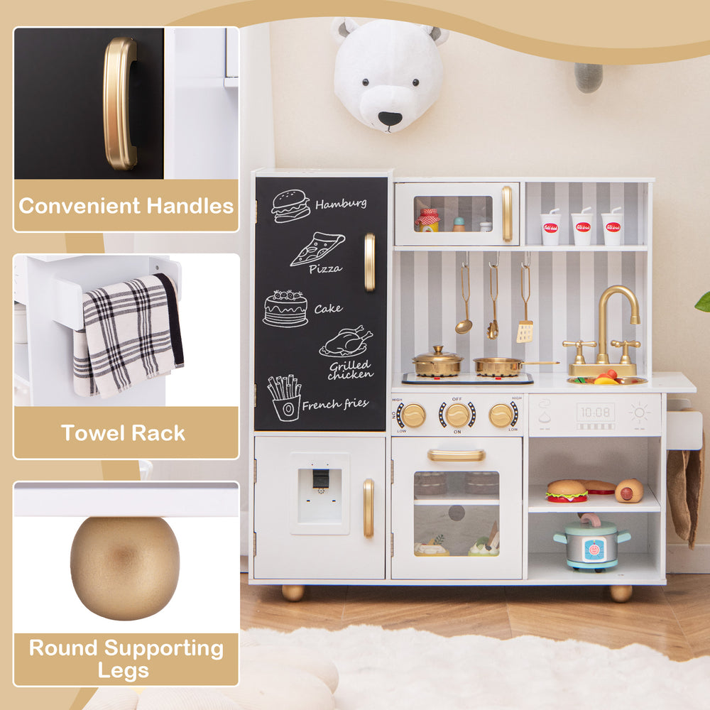 Pretend play kitchen for kids in white with realistic sounds, lights, and convenient handles for imaginative cooking.