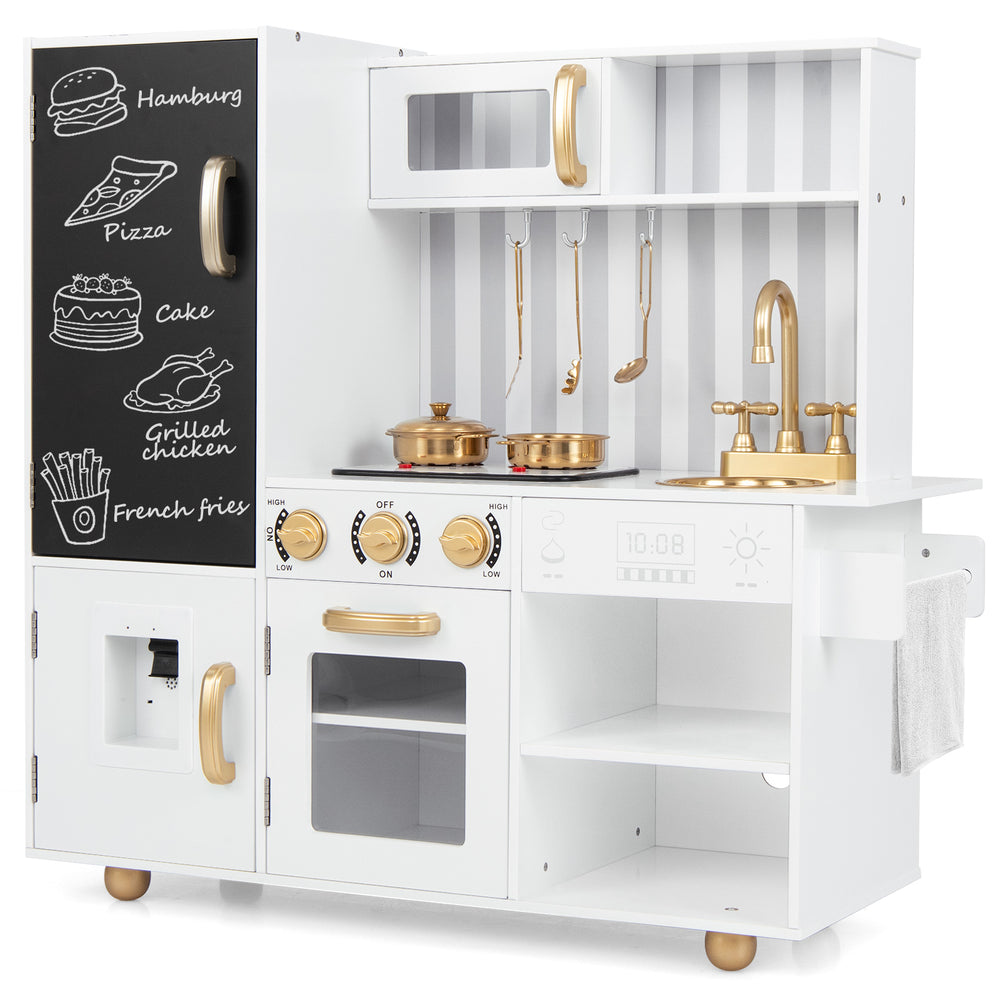 Pretend play kitchen for kids in white with oven, sink, and realistic sounds, perfect for imaginative cooking fun.