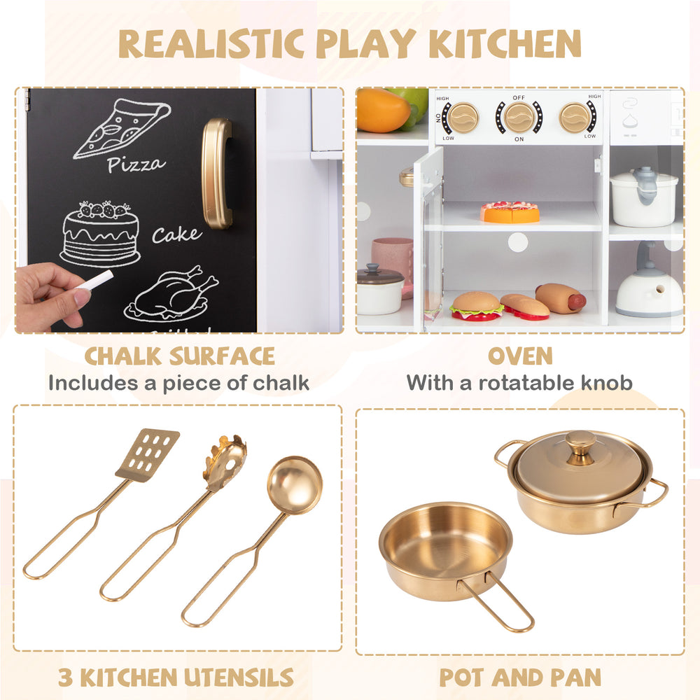 Pretend play kitchen for kids featuring a chalkboard, oven with rotatable knob, and kitchen utensils for imaginative.