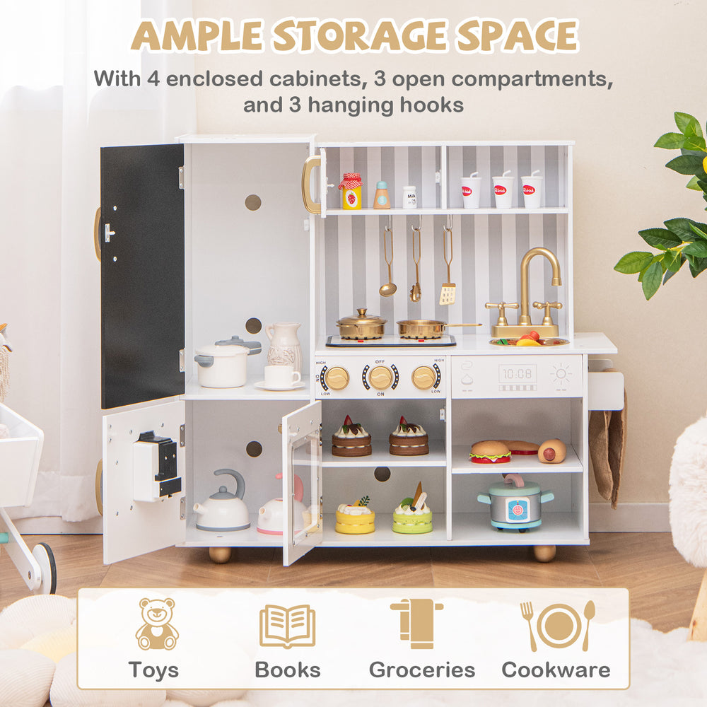 Pretend play kitchen for kids in white with 4 cabinets, stove, oven, and realistic sounds for imaginative cooking fun.