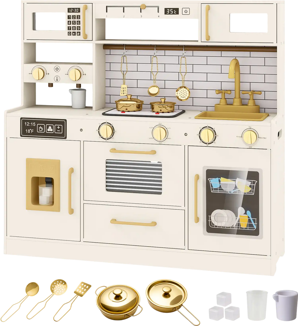 Beige pretend toy kitchen set featuring stoves, water dispenser, and accessories for immersive role-play fun.
