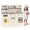 Pretend toy kitchen set in beige with stoves, water dispenser, and accessories for immersive role-play fun.