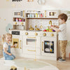 Beige pretend toy kitchen set with a cartoon dishwasher and open shelves, perfect for imaginative role-play and.